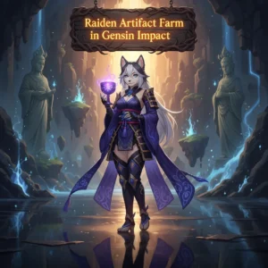 Anthropomorphic Husky character in fantasy armor, surrounded by electric effects, representing Genshin Impact artifact farming content.