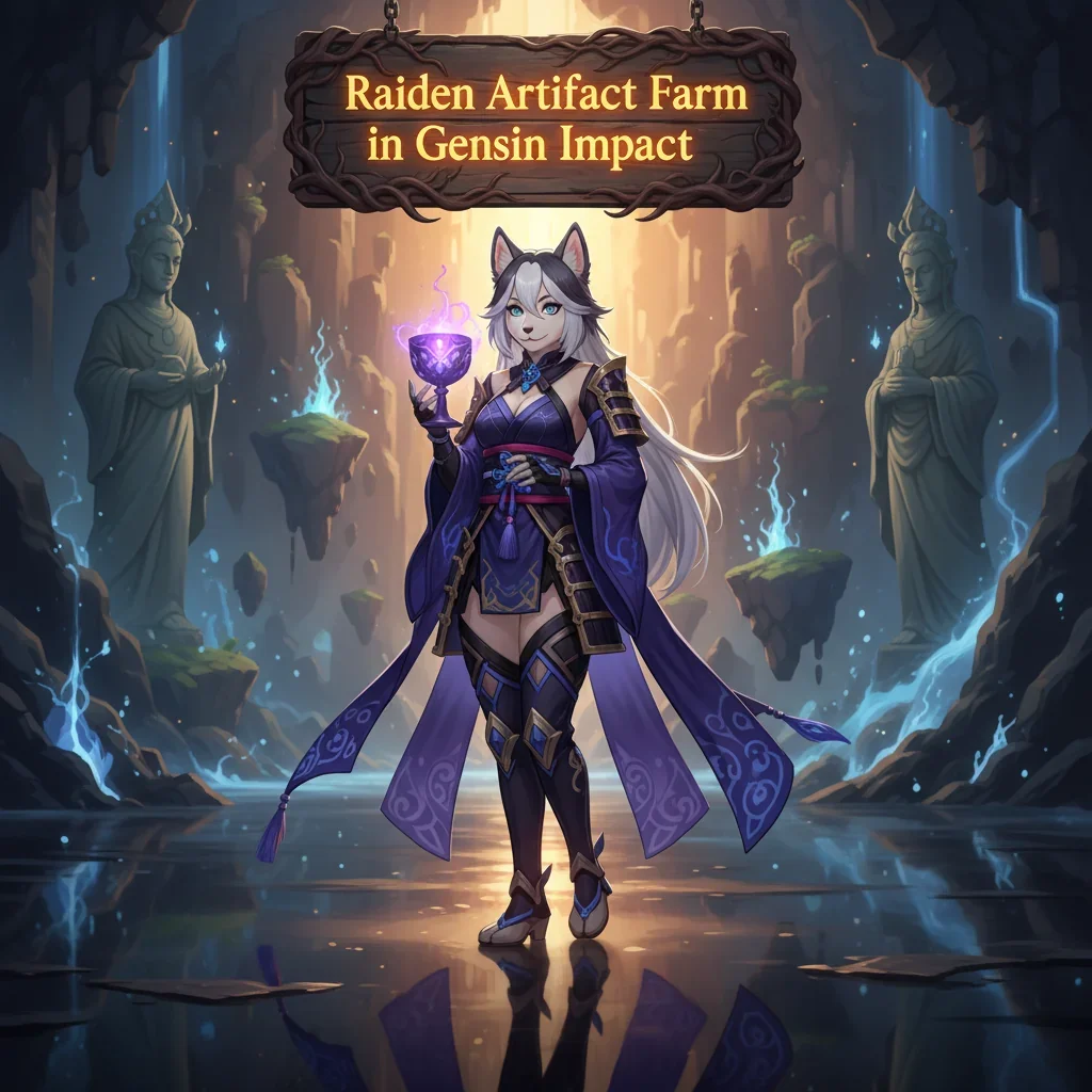 Anthropomorphic Husky character in fantasy armor, surrounded by electric effects, representing Genshin Impact artifact farming content.