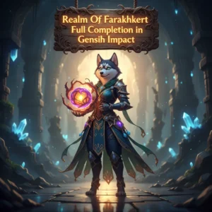 Fantasy artwork of an anthropomorphic Husky character in a themed outfit, inspired by Genshin Impact's Realm of Farakhkert completion.