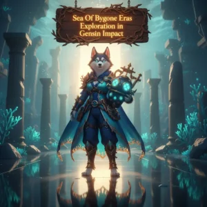 Fantasy game artwork featuring an anthropomorphic Husky character in a themed outfit, related to Genshin Impact's Sea of Bygone Eras exploration content and objectives.