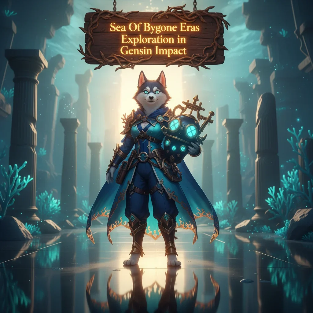 Fantasy game artwork featuring an anthropomorphic Husky character in a themed outfit, related to Genshin Impact's Sea of Bygone Eras exploration content and objectives.