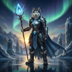 Une Husky femelle anthropomorphe vêtue d'une tenue de fantaisie, représentant les services de boost LoL dans un environnement de jeu. L'image est inspirée par les objectifs de progression et les défis du jeu.