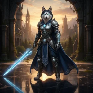 O ilustrație fantastică inspirată de serviciile de Boost LoL, cu o femelă Husky antropomorfă în armură.