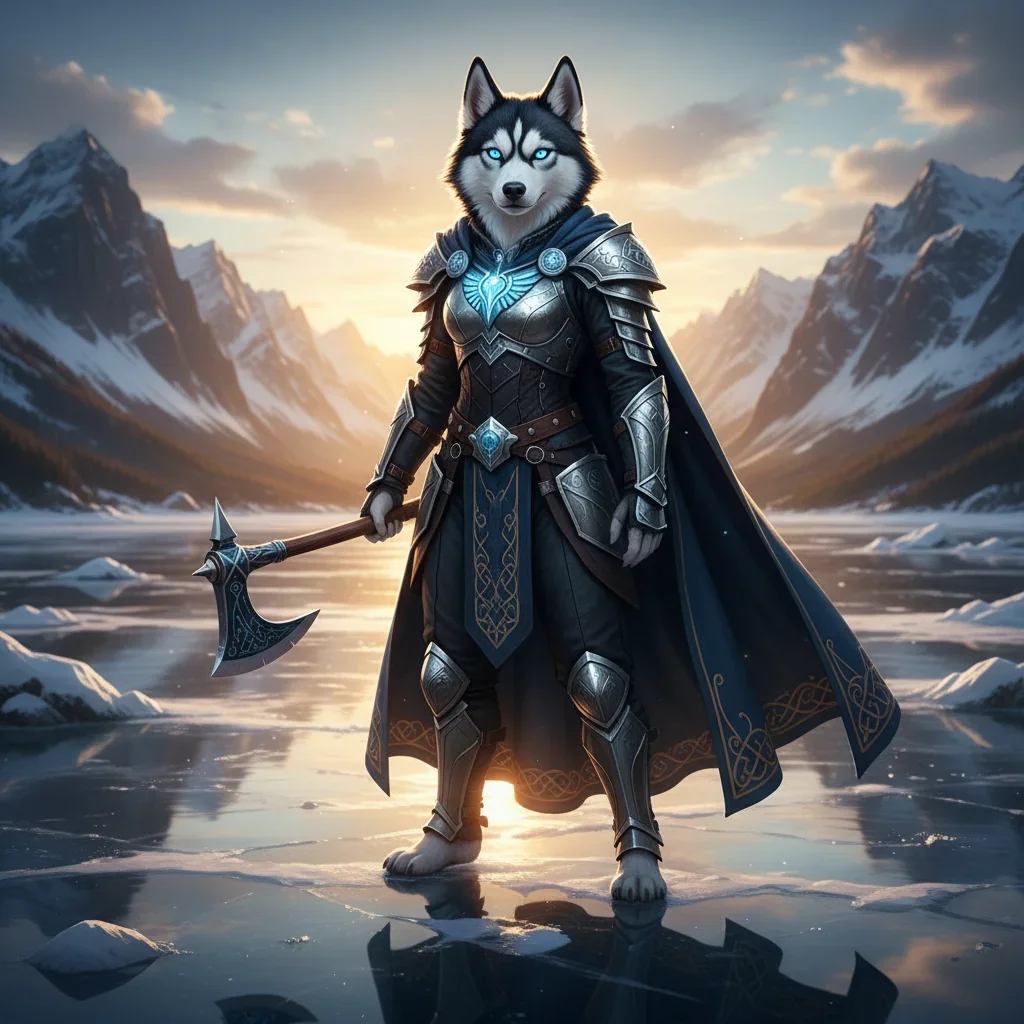 Una husky hembra antropomórfica en atuendo de fantasía de League of Legends, parada en un entorno de juego inmersivo.