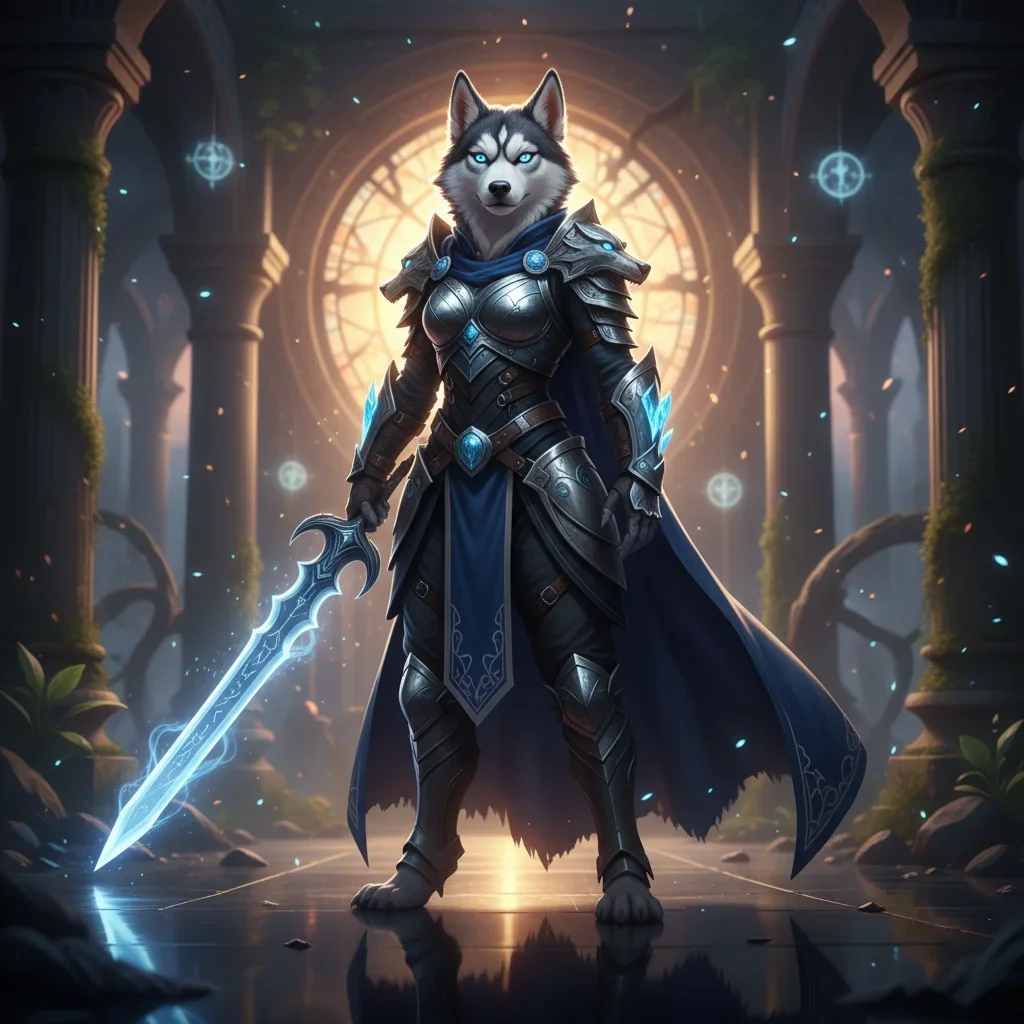 Arte promocional de fantasia inspirada em serviços de elo boost, apresentando uma husky fêmea antropomórfica em trajes de fantasia.