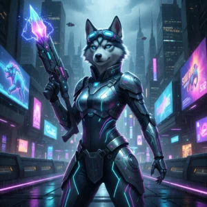 Un'opera d'arte fantasy che mostra una husky femmina antropomorfa, in piedi su due zampe, con abiti a tema League of Legends sullo sfondo di un mondo fantasy.