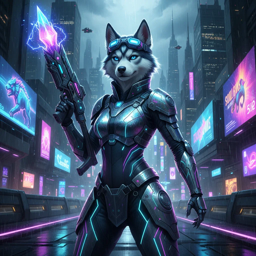 Un'opera d'arte fantasy che mostra una husky femmina antropomorfa, in piedi su due zampe, con abiti a tema League of Legends sullo sfondo di un mondo fantasy.