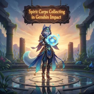 Fantasy artwork featuring an anthropomorphic Husky character collecting Spirit Carps for a boost in a Genshin Impact-inspired environment.