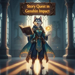 Anthropomorphic Husky mage holding a magical book and glowing orb in a fantasy environment inspired by Genshin Impact story quests.