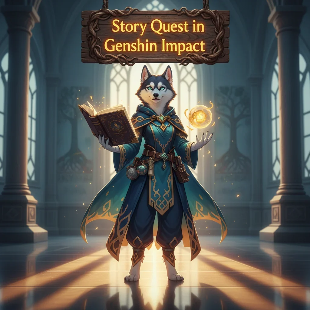 Anthropomorphic Husky mage holding a magical book and glowing orb in a fantasy environment inspired by Genshin Impact story quests.