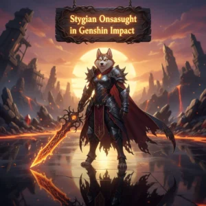An anthropomorphic Husky character in fantasy armor, set against a dark, mystical background, representing Genshin Impact's Stygian Onslaught event.
