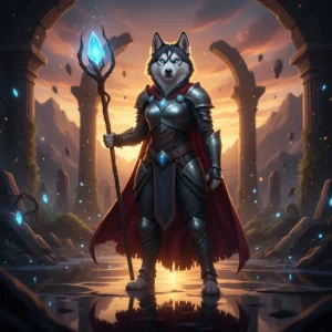Mynd af LoL styrkingarþjónustu, sem sýnir manneskjulega kvenkyns Husky-persónu í fantasíuherklæðum í leikjaumhverfi.
