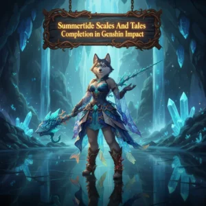 An anthropomorphic Husky character in fantasy attire, themed around the Summertide Scales and Tales event in Genshin Impact.