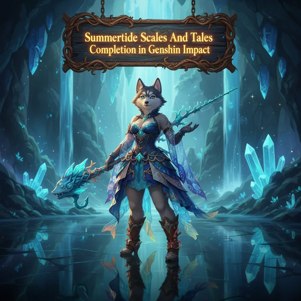 An anthropomorphic Husky character in fantasy attire, themed around the Summertide Scales and Tales event in Genshin Impact.