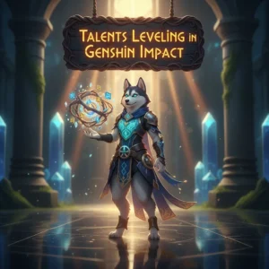 A fantasy game-inspired artwork showing an anthropomorphic Husky character focused on Talent Leveling Boost in a mystical setting.