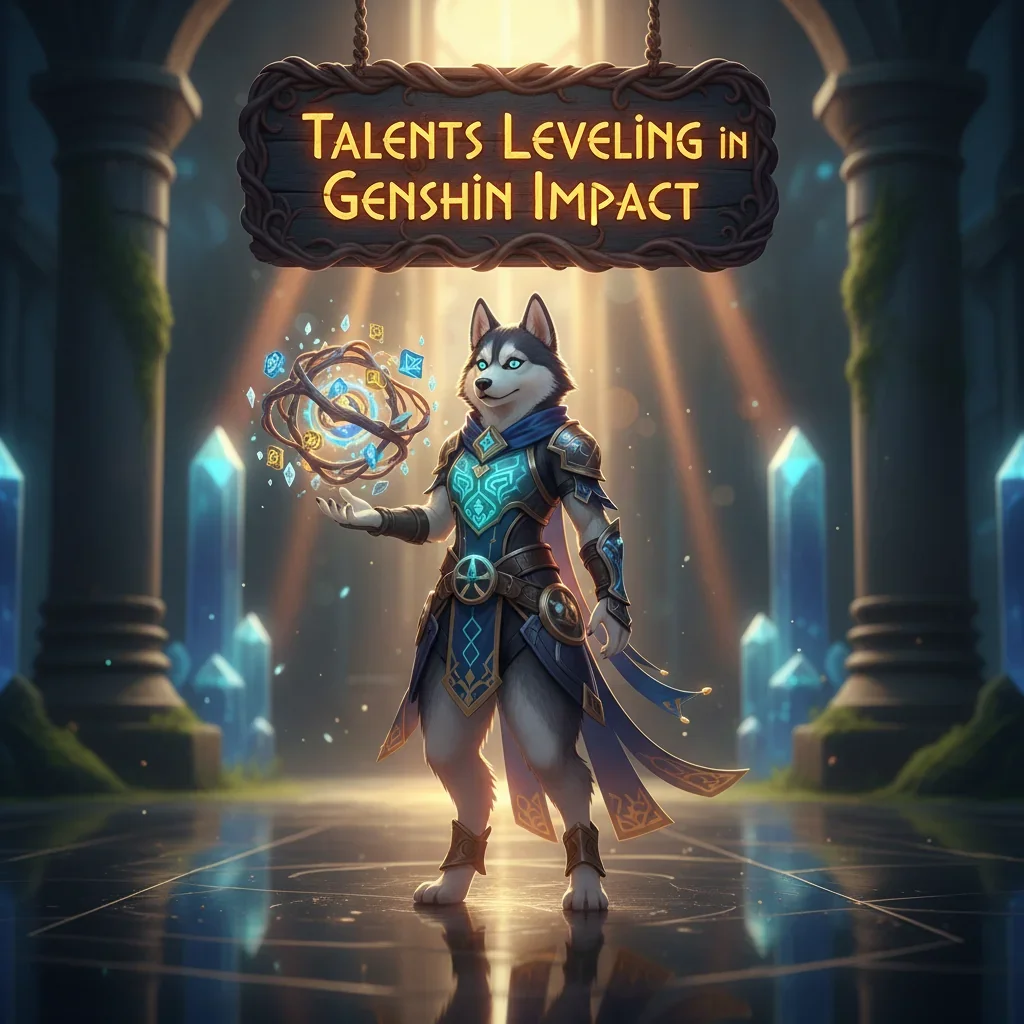 A fantasy game-inspired artwork showing an anthropomorphic Husky character focused on Talent Leveling Boost in a mystical setting.