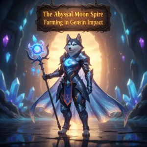 Fantasy game-inspired artwork featuring an anthropomorphic Husky character themed around Genshin Impact's Abyssal Moon Spire challenges.