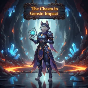Fantasy artwork of an anthropomorphic Husky character, themed around The Chasm region and related objectives in Genshin Impact.