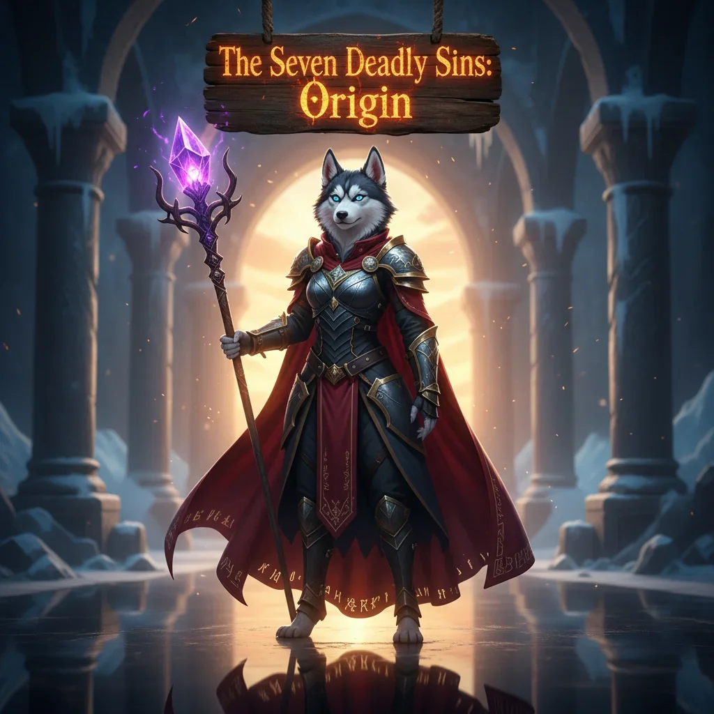 Seven masked figures representing the deadly sins offering origin boosting services with a futuristic, gaming-inspired backdrop.