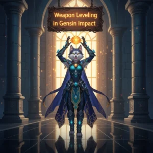 A fantasy artwork featuring an anthropomorphic husky character in a Genshin Impact-inspired setting, focused on weapon leveling.
