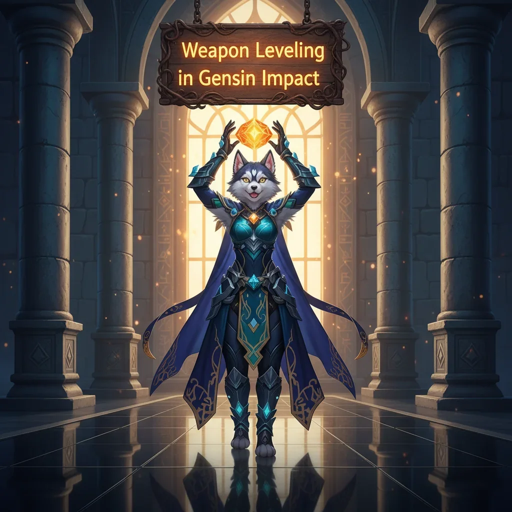 A fantasy artwork featuring an anthropomorphic husky character in a Genshin Impact-inspired setting, focused on weapon leveling.