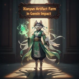 Fantasy artwork featuring an anthropomorphic husky character in an ancient ruin setting, themed around Genshin Impact artifact farming.
