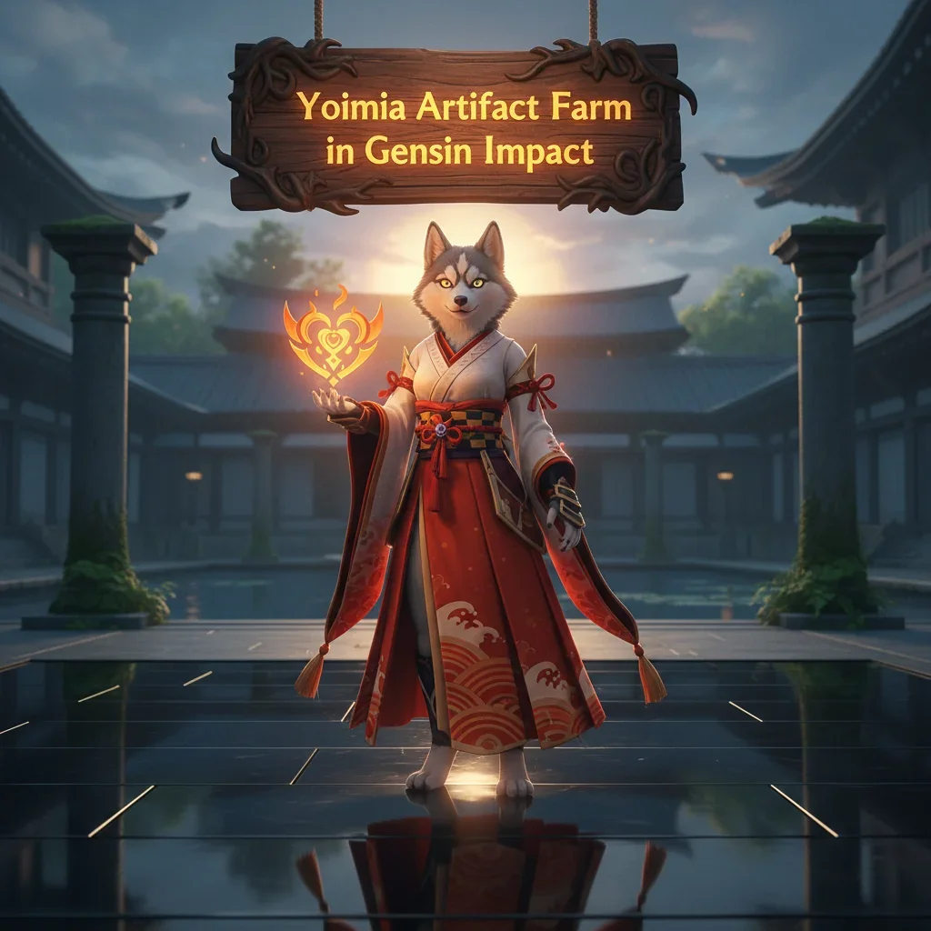 Fantasy game-inspired artwork featuring an anthropomorphic Husky character in an environment themed around Genshin Impact artifact farming.