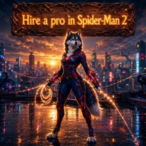 Marvel Spider Man 2 Hire a Pro service artwork with superhero gamer assistance theme