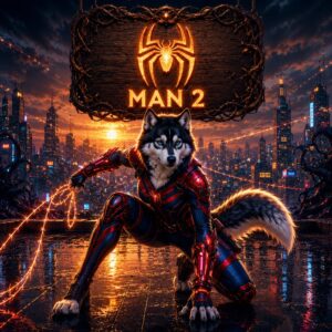 Marvel’s Spider-Man 2 boosting service artwork with futuristic husky heroine on neon city rooftop