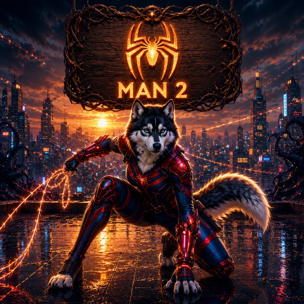 Marvel’s Spider-Man 2 boosting service artwork with futuristic husky heroine on neon city rooftop