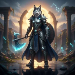 Фентезійне зображення, пов'язане з послугами бусту в LoL, із зображенням антропоморфної жінки-хаскі у фантастичному вбранні.