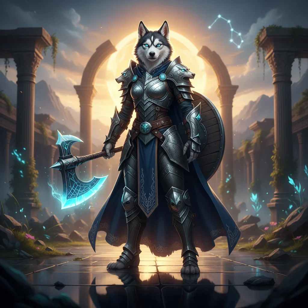 Фентезійне зображення, пов'язане з послугами бусту в LoL, із зображенням антропоморфної жінки-хаскі у фантастичному вбранні.