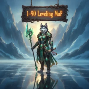 Fantasy artwork featuring an anthropomorphic Husky character in armor, themed around World of Warcraft Mists of Pandaria Classic content.