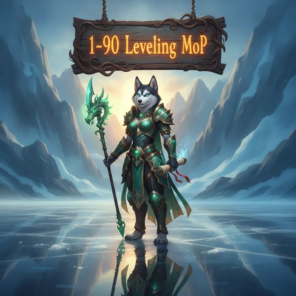 Fantasy artwork featuring an anthropomorphic Husky character in armor, themed around World of Warcraft Mists of Pandaria Classic content.