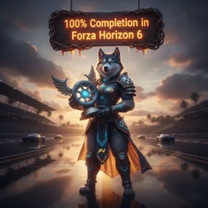 Anthropomorphic husky character in fantasy armor standing in a magical landscape, representing the ultimate achievement of 100% completion in a game like Forza Horizon 6.