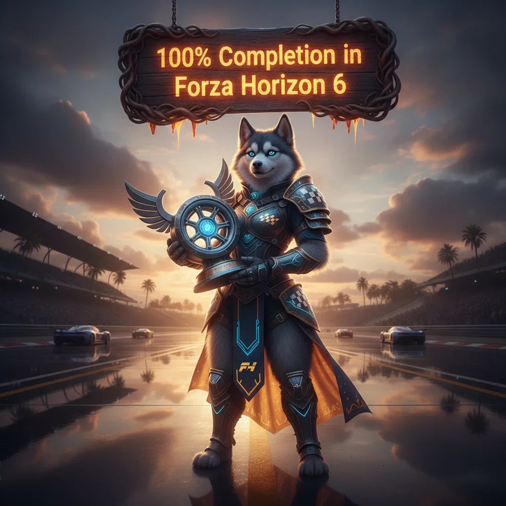 Anthropomorphic husky character in fantasy armor standing in a magical landscape, representing the ultimate achievement of 100% completion in a game like Forza Horizon 6.