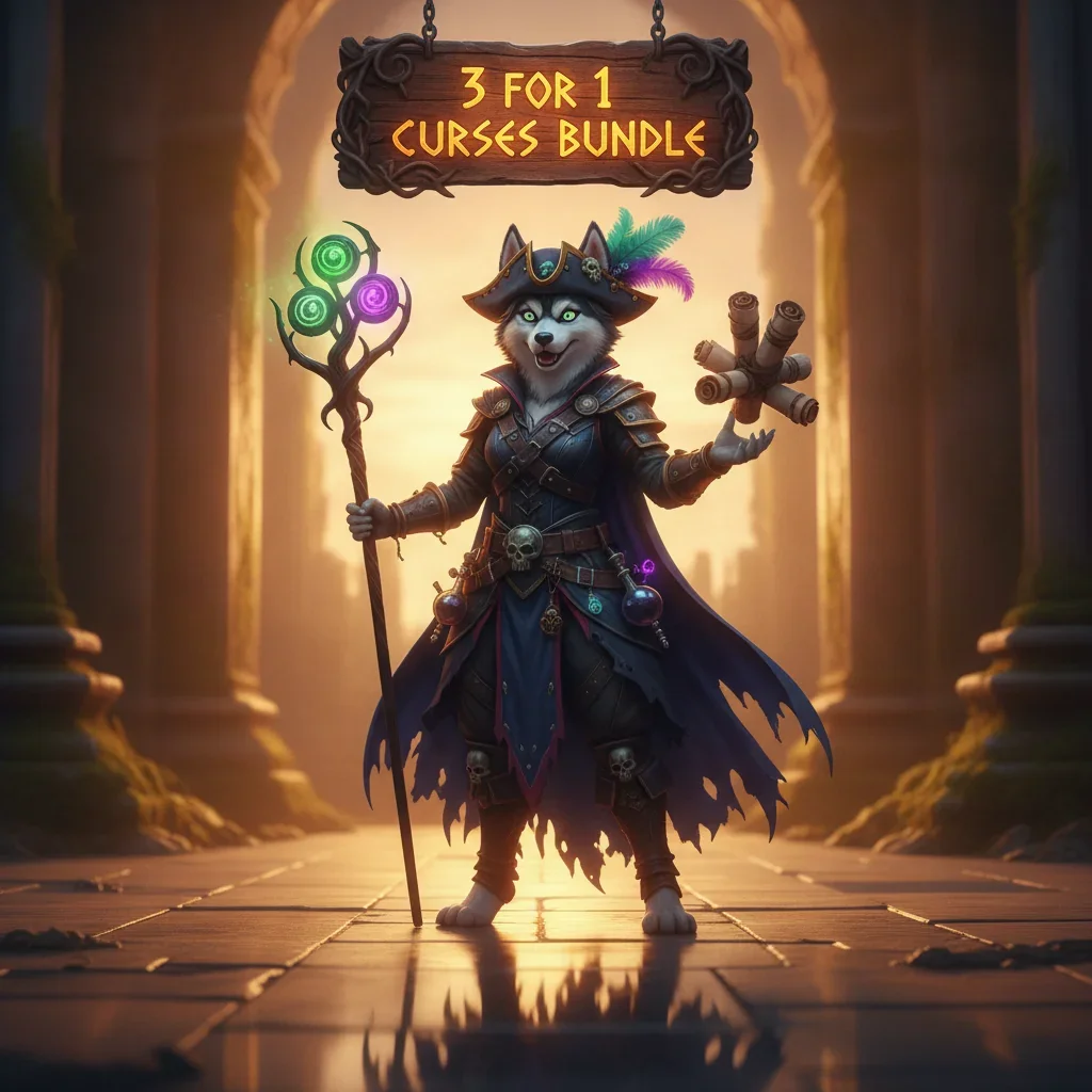 Fantasy artwork with an anthropomorphic Husky in pirate attire, associated with the Sea of Thieves 3 for 1 Curses Bundle content for character customization.