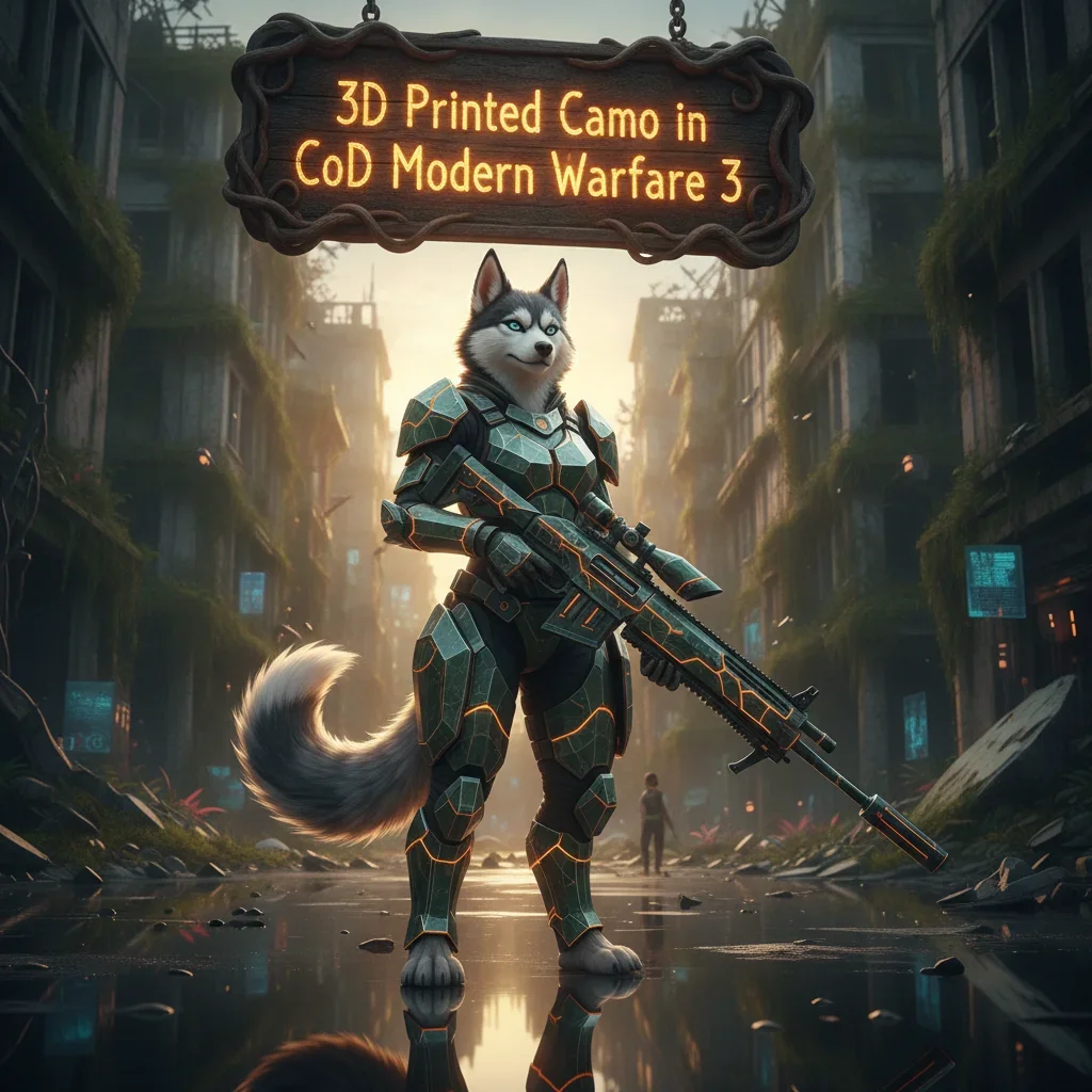 An anthropomorphic husky character in fantasy attire, within a magical, game-inspired environment, representing advanced camouflage crafting and aesthetic customization objectives for a fantasy game.