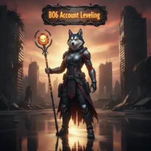 Anthropomorphic Husky character in detailed fantasy armor, standing in a magical realm, representing account leveling content and character progression objectives.