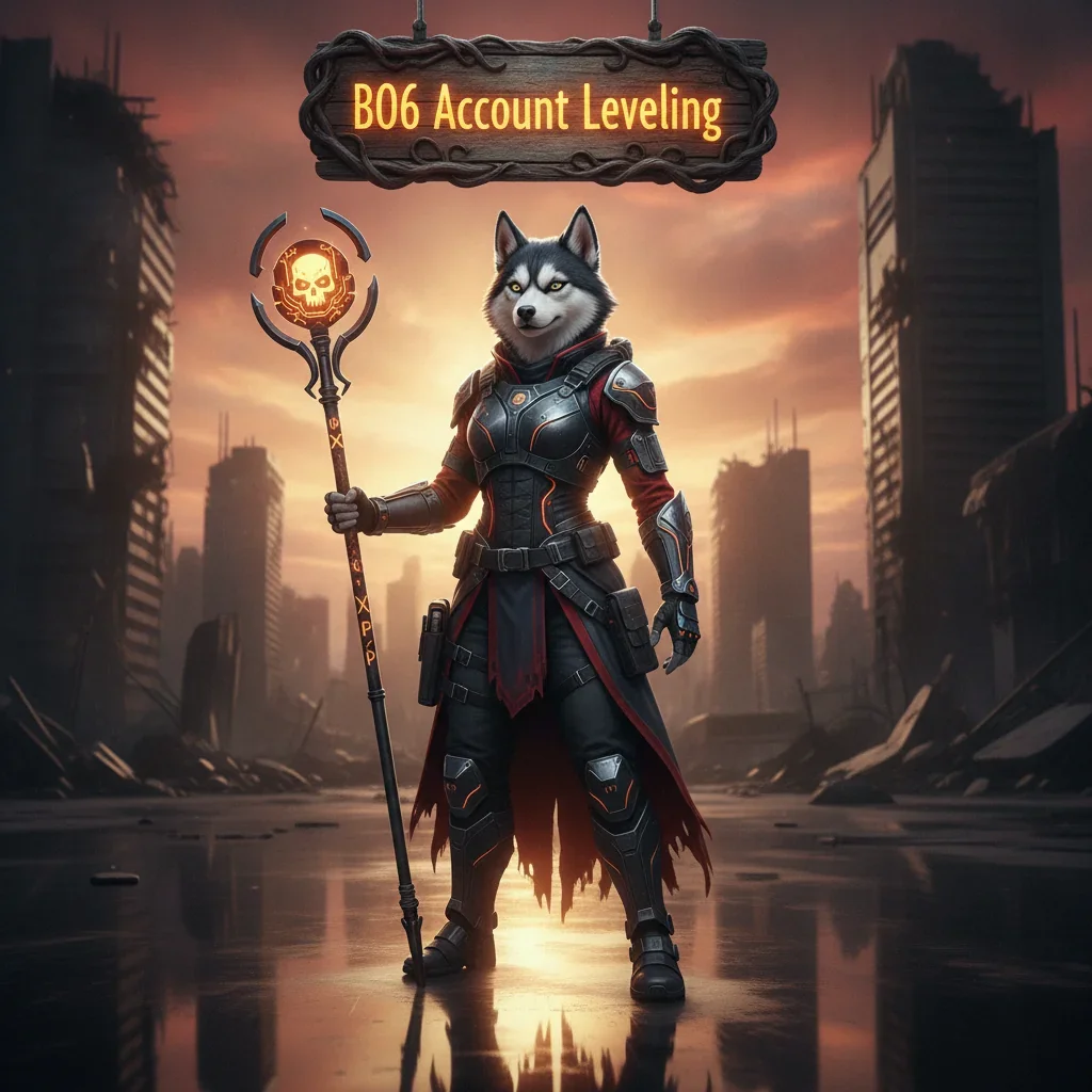 Anthropomorphic Husky character in detailed fantasy armor, standing in a magical realm, representing account leveling content and character progression objectives.