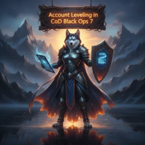 Anthropomorphic husky character in fantasy armor within a game-inspired landscape, representing account leveling objectives and character progression in CoD Black Ops 7.