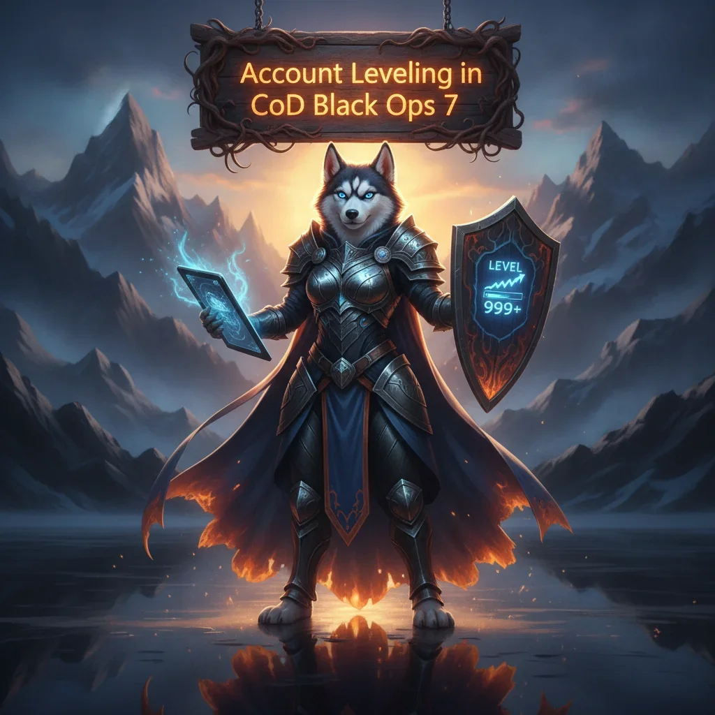Anthropomorphic husky character in fantasy armor within a game-inspired landscape, representing account leveling objectives and character progression in CoD Black Ops 7.
