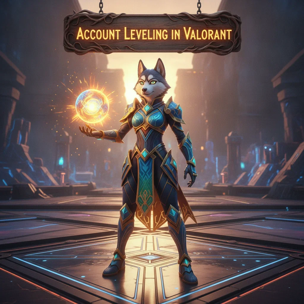 An anthropomorphic Husky character in intricate fantasy armor stands in a mystical landscape, representing account leveling progression and milestones within a game.