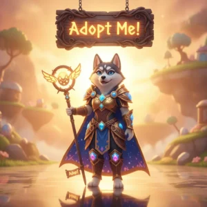 Fantasy game-inspired artwork featuring an anthropomorphic Husky character in a magical setting, representing Adopt Me! content.
