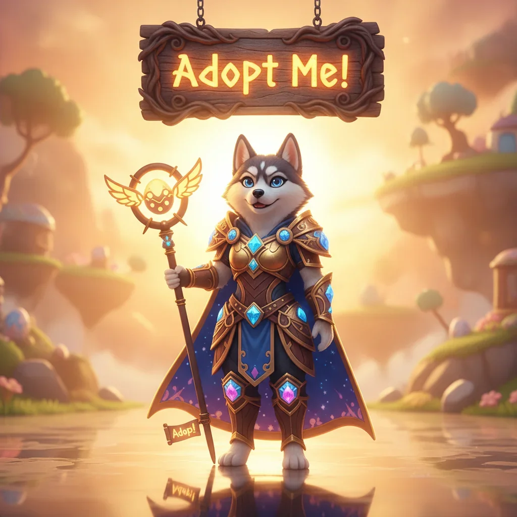 Fantasy game-inspired artwork featuring an anthropomorphic Husky character in a magical setting, representing Adopt Me! content.