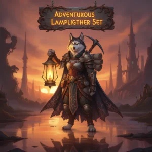 Fantasy artwork with an anthropomorphic husky character in adventurous lamplighter gear, themed around collecting unique sets in a mysterious midnight world.