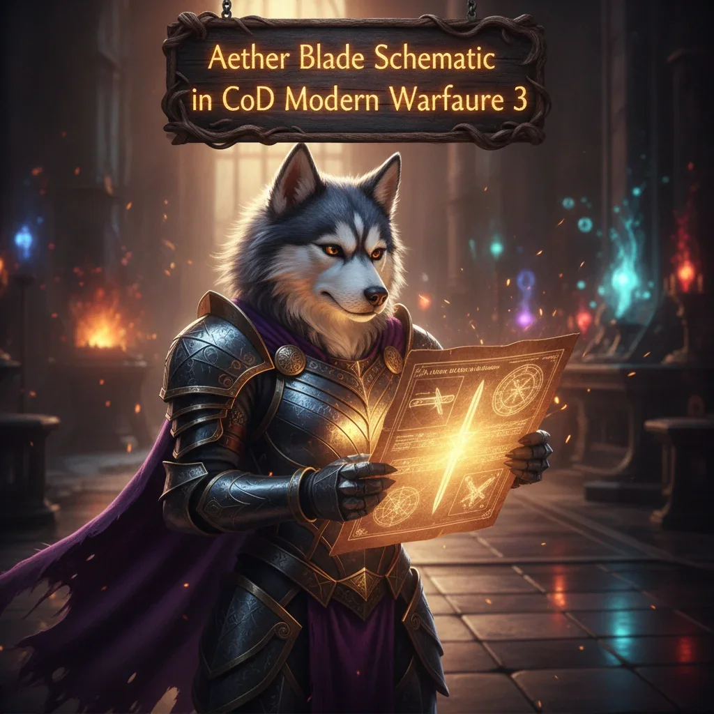 An anthropomorphic Husky character, clad in fantasy armor, stands in a game-inspired environment, representing Aether Blade Schematic unlock objectives and related progression content.