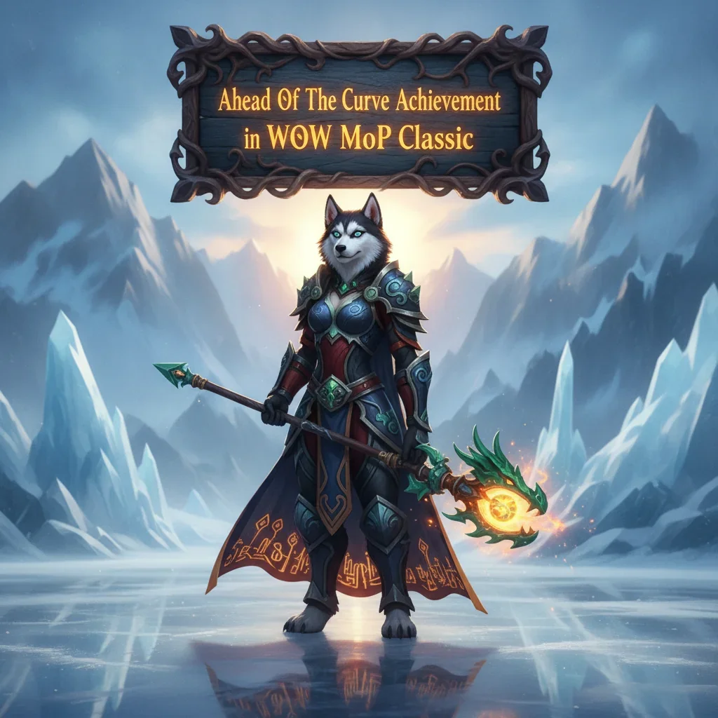 A fantasy game-inspired artwork featuring an anthropomorphic husky character in an epic, magical setting, themed around game achievements.
