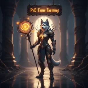 An anthropomorphic Husky character in fantasy armor, inspired by Albion Online PvE Fame Farming. The artwork represents character progression and combat-related objectives.