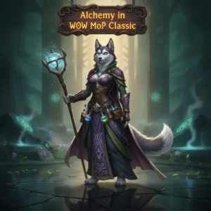 Fantasy artwork featuring an anthropomorphic Husky character, themed around Alchemy in World of Warcraft Mists of Pandaria Classic.